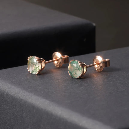 GEM'S BALLET Unique 1.0Ct 6mm Round Cut Moss Agate Claw Prongs Studs Earrings in 925 Sterling Silver Women's Wedding Earrings