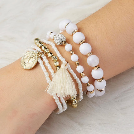 6Pcs/Set Bohemian Beaded Bracelet For Women Vintage Multi-layer Beauty Head Coin Pendant Tassel Bracelets Vacation Charm Jewelry