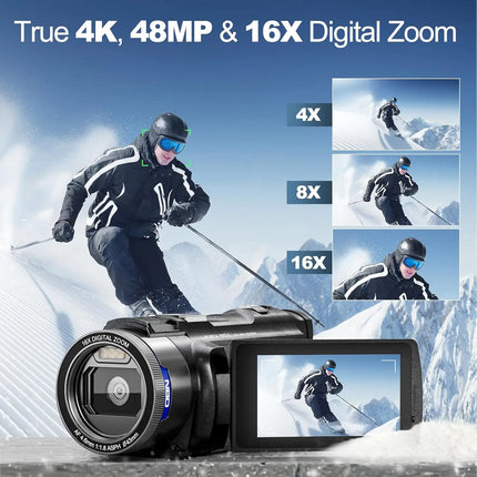 NBD 4K HD&48MP Camcorder Video Camera With Wi-Fi & App Control,Video Recorder with 3X Battery Life, 16X Zoom, 270° IPS Screen