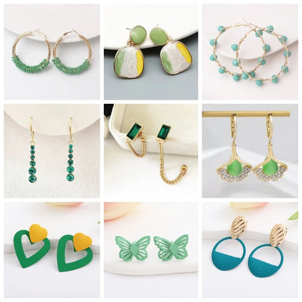 Green Crystal Bohemian Drop Earrings with Pearl Flower Pendants and Metal Leaves - Women's Fashion Jewelry