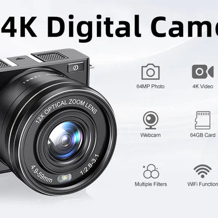12X Optical Zoom SLR DSLR Camera 4K 64MP HD Digital Cameras For Photography Auto Focus Anti-Shake YouTube Video Vlog Camcorder