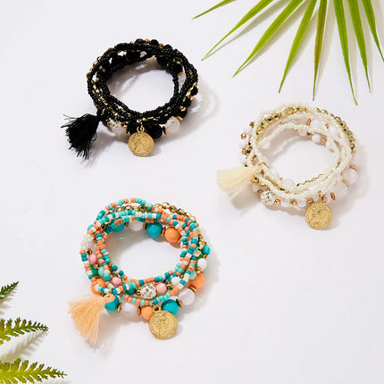 6Pcs/Set Bohemian Beaded Bracelet For Women Vintage Multi-layer Beauty Head Coin Pendant Tassel Bracelets Vacation Charm Jewelry