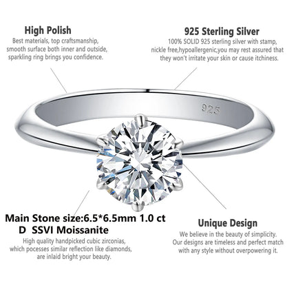 Newshe Moissanite Rings for Women 925 Sterling Silver Engagement Jewelry Solitaire 1 Carat D Color Diamond Promise Wedding Ring