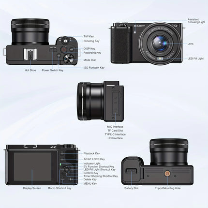 12X Optical Zoom SLR DSLR Camera 4K 64MP HD Digital Cameras For Photography Auto Focus Anti-Shake YouTube Video Vlog Camcorder