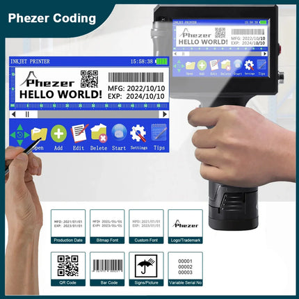 Phezer P15 QR Bar Batch Code Date Number Logo Expiry Date Label Printer 12.7mm Handheld Inkjet Printer 25 Languages Portable