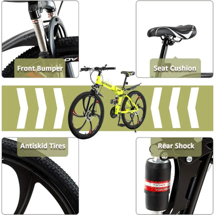 Folding Mountain Bike 21-Speed High Carbon Steel Adult 26-inch Durable Tires