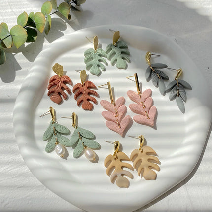 Multicolored Handcrafted Polymer Clay Leaf and Floral Drop Earrings for Women with Pearl Accents