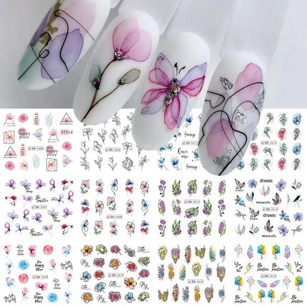 12 pcs Nail Sticker Set Summer Water Decal Nail Art Ink Flowers Leaves Graffiti Slider for Nail Decoration Foils Tattoo