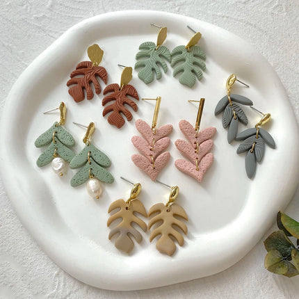 Multicolored Handcrafted Polymer Clay Leaf and Floral Drop Earrings for Women with Pearl Accents