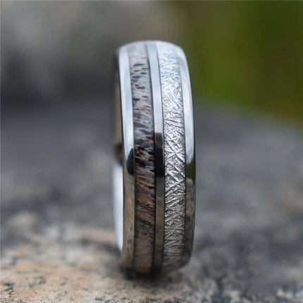 Fashion Silver Color Men's Stainless Steel Rings Koa Wood Deer Antler Inlay Dome Engagement Rings For Men Women Wedding Jewelry