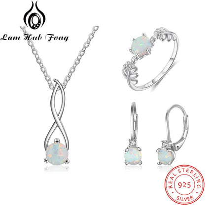 3 Pcs/set 925 Sterling Silver Opal Jewelry Sets Women Necklaces Rings Earrings Sets Korean Wedding Jewelry Sets (Lam Hub Fong)