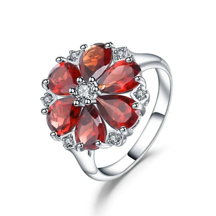 GEM'S BALLET 5.05Ct Natural Red Garnet Cocktail Flowers Ring 925 Sterling Silver Classic Gemstone Rings For Women Fine Jewelry