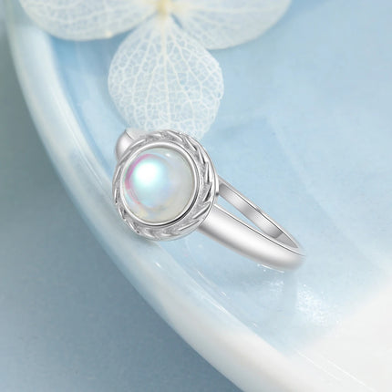 Vintage Women 925 Sterling Silver Rings with 6mm Round Rainbow Moonstone Wedding Party Gifts Fine Jewelry (Lam Hub Fong)