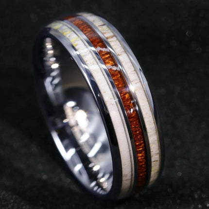 Fashion Silver Color Men's Stainless Steel Rings Koa Wood Deer Antler Inlay Dome Engagement Rings For Men Women Wedding Jewelry