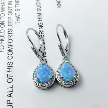 925 Sterling Silver Jewelry Sets for Women Cubic Zirconia Blue Opal Bracelet Earrings Chain Necklace Jewelry Sets (Lam Hub Fong)