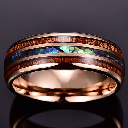 Fashion Silver Color Men's Stainless Steel Rings Koa Wood Deer Antler Inlay Dome Engagement Rings For Men Women Wedding Jewelry