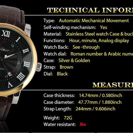 WINNER Top Brand Gold Sport Wristwatches Rome Number Fashion Men Self wind Automatic Mechanical Calendar Leather Watch Clock