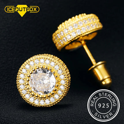 Hip Hop Micro Pave Round White Zircon Stud Earrings For Men Women 925 Sterling Silver Rock Style Gold Iced Out Bling Earrings