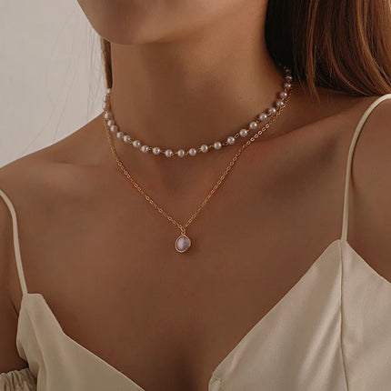 Choker For Women Double Layer Women Fashion Imitation Pearl Pendant Necklace Golden Silver Color Neck Jewelry For Girl Gift