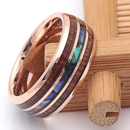 Fashion Silver Color Men's Stainless Steel Rings Koa Wood Deer Antler Inlay Dome Engagement Rings For Men Women Wedding Jewelry