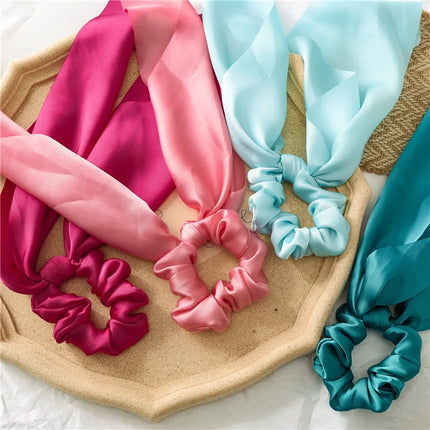 Sweet Long Ribbon Solid Bow Scrunchies Satin Ponytail Fashion Hair Ties Women Girls Elastic Hair Bands Headwear Hair Accessories