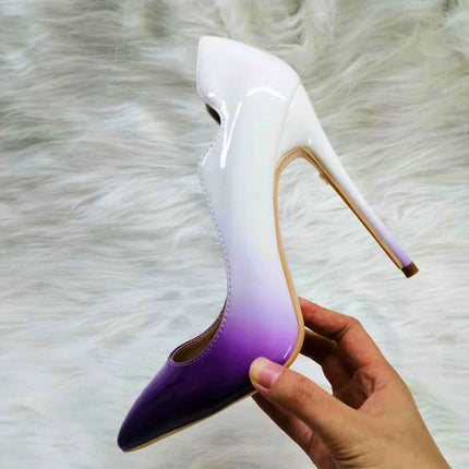 Veowalk White Purple Gradient Women Curl Cut Pointy Toe Stiletto Pumps Elegant Ladies Slip On Dress Shoes Plus Size 33-45