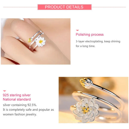 ZDADAN 925 Sterling Silver Charm Lotus Ring For Women Fashion Open Adjustable Finger Rings Jewelry Gift