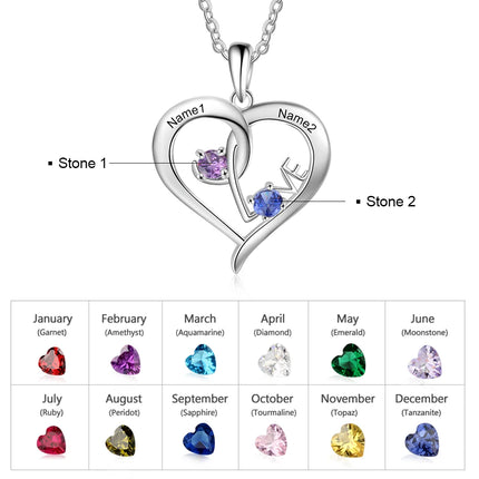 Personalized 925 Sterling Sliver Necklace Customized Names Birthstones Heart with “LOVE” Pendant Promised Jewelry Gfit for Women