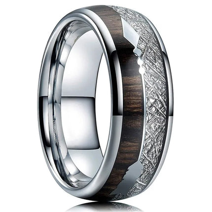 Fashion Silver Color Men's Stainless Steel Rings Koa Wood Deer Antler Inlay Dome Engagement Rings For Men Women Wedding Jewelry