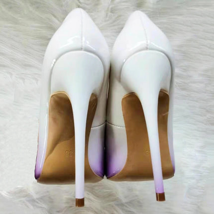 Veowalk White Purple Gradient Women Curl Cut Pointy Toe Stiletto Pumps Elegant Ladies Slip On Dress Shoes Plus Size 33-45