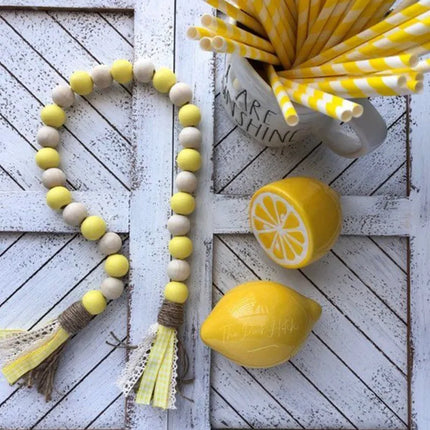 Lemon Wood Bead Garland Woven Tassel Wall Hanging DIY Crafts Nature Color Wood/Jute Rope Home Decor