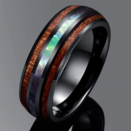 Fashion Silver Color Men's Stainless Steel Rings Koa Wood Deer Antler Inlay Dome Engagement Rings For Men Women Wedding Jewelry