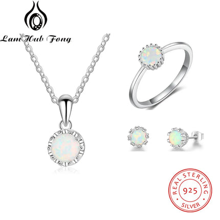 Women Jewelry Sets Flower Rings Earrings Necklaces Pendants 925 Sterling Silver Opal Jewelry Girls Wedding Gift  (Lam Hub Fong)