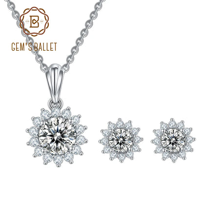 GEM'S BALLET Moissanite Diamond Pendant Necklace Earrings Set For Women Wedding 925 Sterling Silver Sun flower Jewelry Set