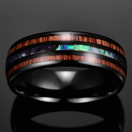 Fashion Silver Color Men's Stainless Steel Rings Koa Wood Deer Antler Inlay Dome Engagement Rings For Men Women Wedding Jewelry