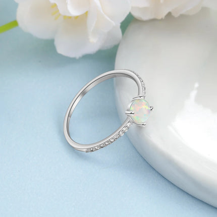 Real 925 Sterling Silver Opal Rings Crystal Finger Rings for Women Small Round Zircon Ring Silver 925 Jewelry (Lam Hub Fong)