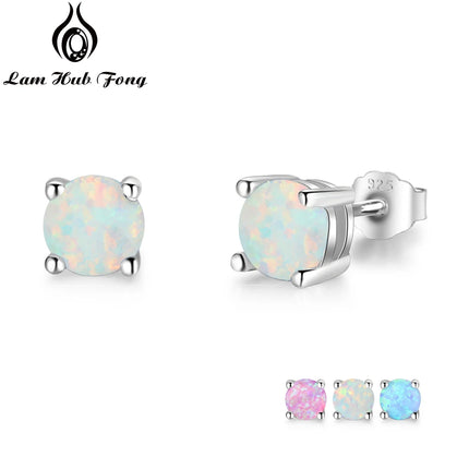 Cute 5mm Created Blue Pink White Opal Earrings for Women 925 Sterling Silver Stud Earrings Round Small Earrings (Lam Hub Fong)