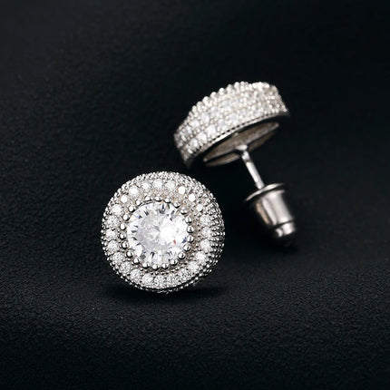 Hip Hop Micro Pave Round White Zircon Stud Earrings For Men Women 925 Sterling Silver Rock Style Gold Iced Out Bling Earrings