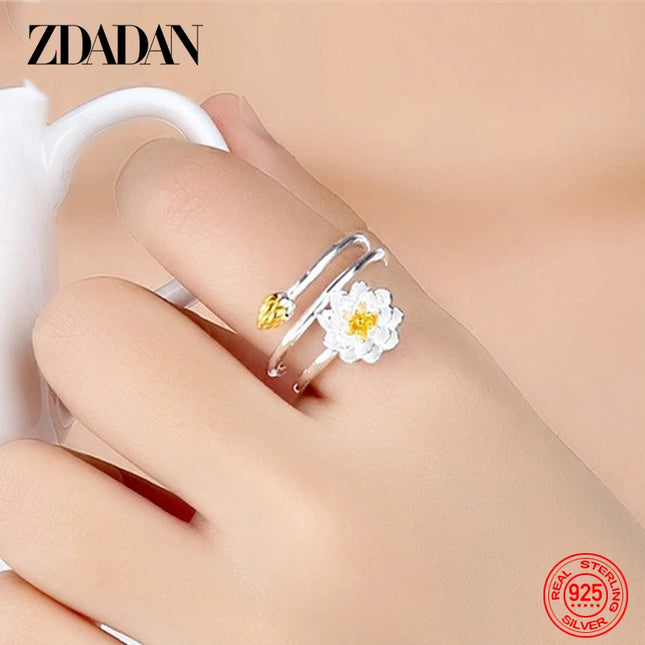 ZDADAN 925 Sterling Silver Charm Lotus Ring For Women Fashion Open Adjustable Finger Rings Jewelry Gift