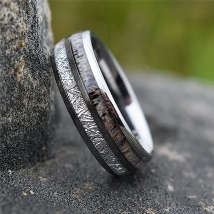 Fashion Silver Color Men's Stainless Steel Rings Koa Wood Deer Antler Inlay Dome Engagement Rings For Men Women Wedding Jewelry