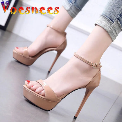 Solid One Word Band Sandals 2021 New Summer Buckle Strap 12CM Stiletto Shoes Waterproof Platform Elegant Lady High Heeled Shoes