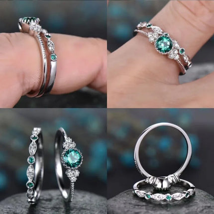 Luxury Rings Set 925 Silver Jewelry with Green Zircon Gemstones Finger Ring for Women Wedding Engagement Party Gift Accessories