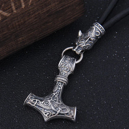 S925 Sterling Silver Viking Wolf heads with thor's hammer mjolnir pendant leather men necklace as christmas gift