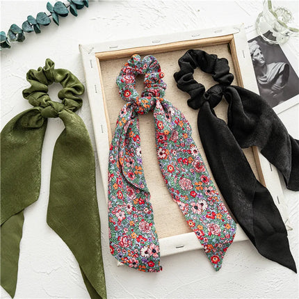 Fashion Leopard Print Bow Satin Long Ribbon Ponytail Scarf Hair Tie Scrunchies Women Girls Elastic Hair Bands Hair Accessories