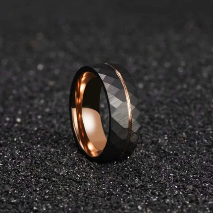 Tigrade 4mm 6mm 8mm Black Tungsten Rings for Men Women Thin Rose Gold Groove Hammered Wedding Band Ring Comfort Fit Size 5-14