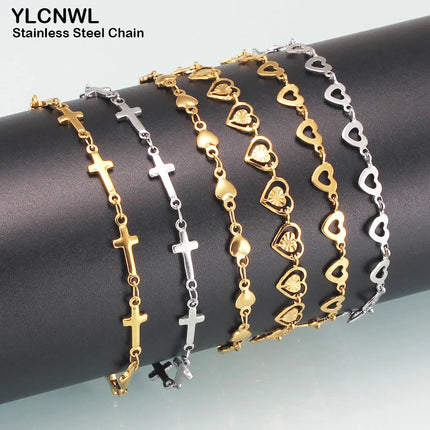 7-9 Inch Stainless Steel Bracelets For Women Heart Cross Chain Bracelets Charms Femme Gold Silver Color Female Fashion Jewelry