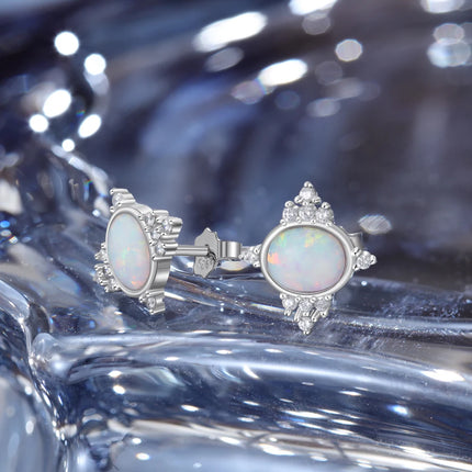 Luxury 925 Sterling Silver Oval Opal Earrings Wedding Cubic Zirconia Stud Earrings Silver 925 Engagement Jewelry (Lam Hub Fong)