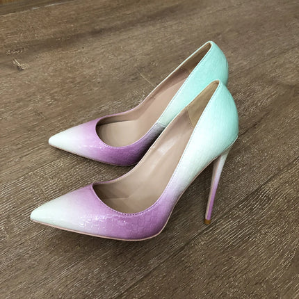 Veowalk Mint Purple Gradient Women Crocodile Effect Pointy Toe Sexy High Heel Shoes 8cm 10cm 12cm Stiletto Pumps Plus Suze 44 45