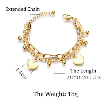 316L Stainless Steel New Fashion Upscale Jewelry Bohemia 2 Layer Ball Lovers Love Heart Charm Thick Chain Bracelet For women