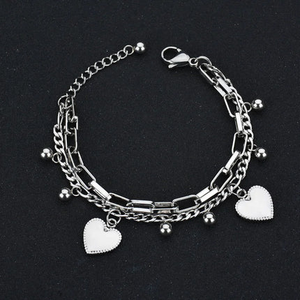 316L Stainless Steel New Fashion Upscale Jewelry Bohemia 2 Layer Ball Lovers Love Heart Charm Thick Chain Bracelet For women